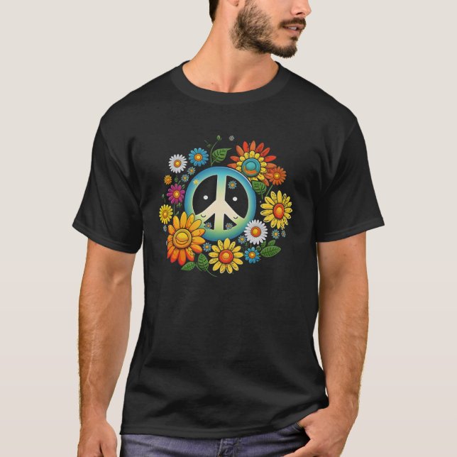 Camiseta Hippie Daisy Sinal de Paz Flor Retroativo Girassol (Frente)