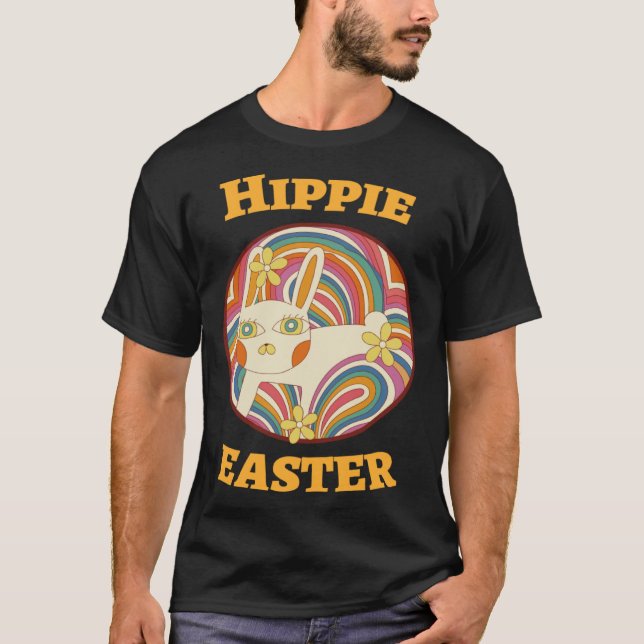 Camiseta Hippie Easter Ovo Hunt Cute 60 s Happy Bunny (Frente)