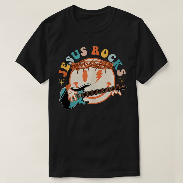 Camiseta Hippie Face Jesus Rocks Faith Christian Faith Funn (Frente do Design)