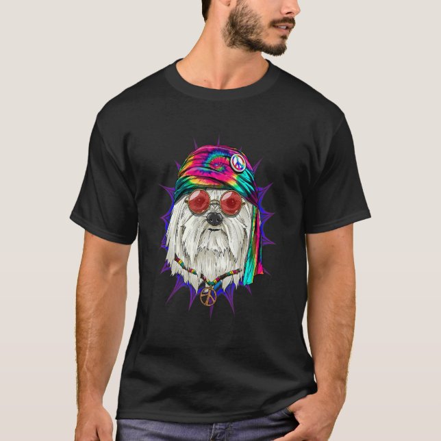 Camiseta Hippie Maltese Tie Dye Peace Sign Psychedelic Dog (Frente)