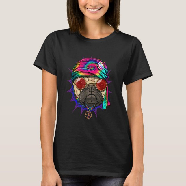 Camiseta Hippie Pug Tie Dye Peace Sign Psychedelic Pug Dog (Frente)