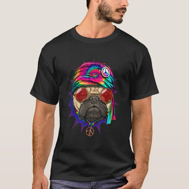 Camiseta Hippie Pug Tie Dye Sinal de Paz Psychedelic Pug Do (Frente)