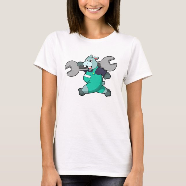 Camiseta Hippo como mecânico com chave inglesa (Frente)