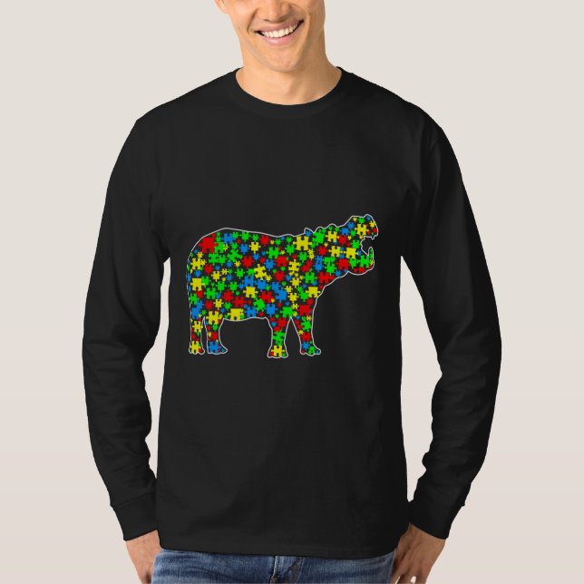 Camiseta Hippo Engraçado Quebra-cabeça de Animais Autismo S (Frente)