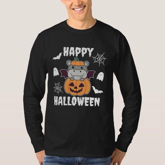 Camiseta Hippo Happy Halloween Pumpkin Bat Hippos Halloween (Frente)