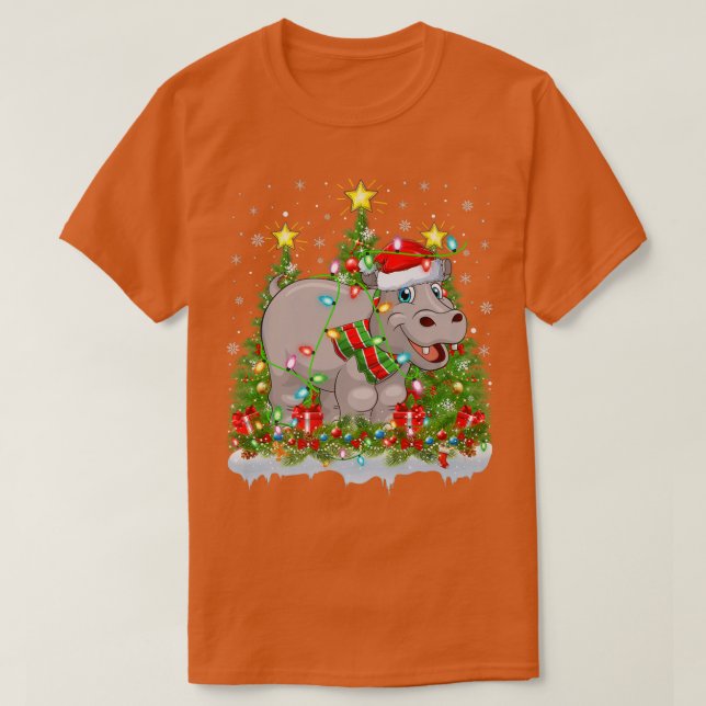 Camiseta Hippopotamus Xmas Lights Papais noeis Hippopotamus (Frente do Design)