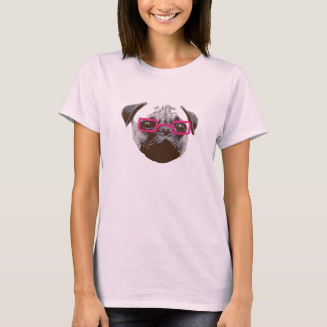 Camiseta Hipster bonito do Pug com vidros cor-de-rosa (Frente)