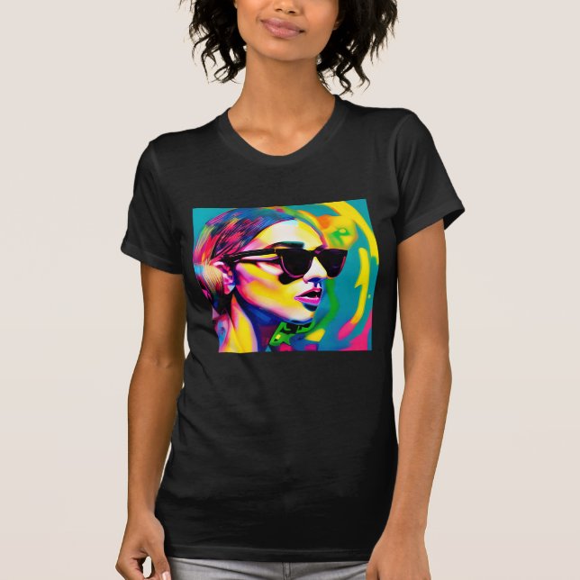 Camiseta Hipster Colorida Dama dos Óculos Solares Trabalho  (Frente)