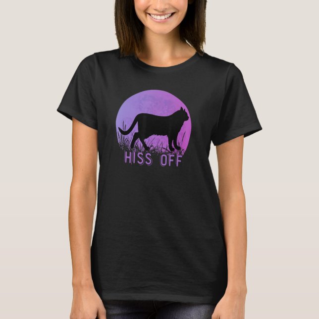 Camiseta Hiss Off Meow Retro Sunset Style Black Kitty Cat (Frente)