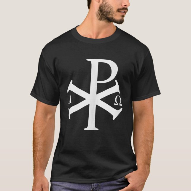 Camiseta História Cristã Alpha Omega Chi Rho byzantine Ch (Frente)