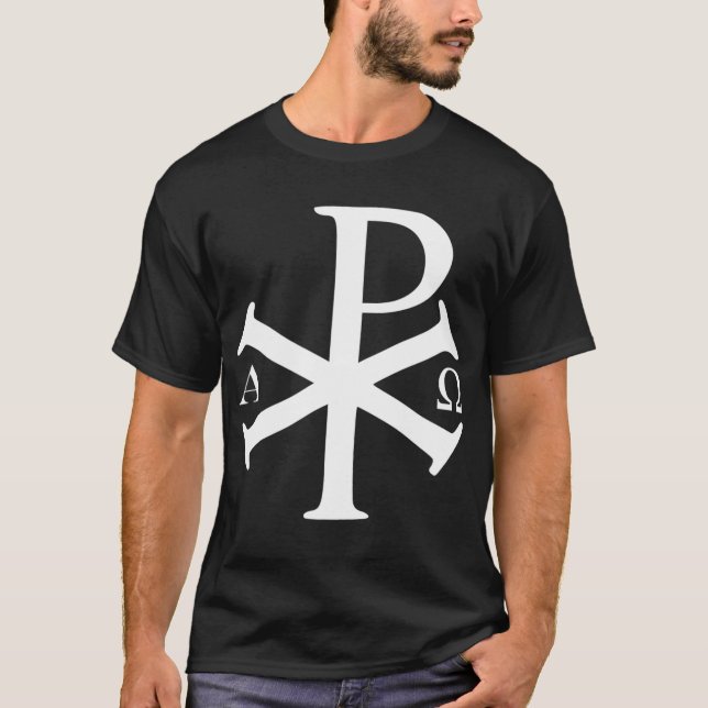 Camiseta História Cristã Alpha Omega Chi Rho byzantine Ch (Frente)