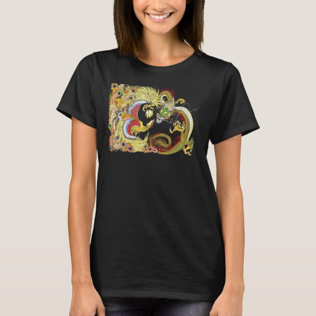 Camiseta História da Ásia Dragão Phoenix com Pérola Chinesa (Frente)