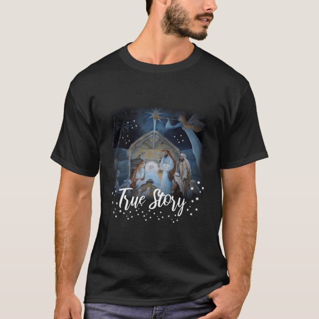 Camiseta História verdadeira do Natal cristão Jesus Manger  (Frente)