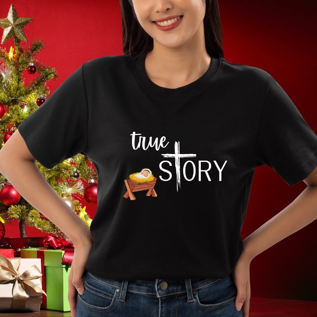 Camiseta História verdadeira Natal cristão Jesus Manger Cro (Criador carregado)