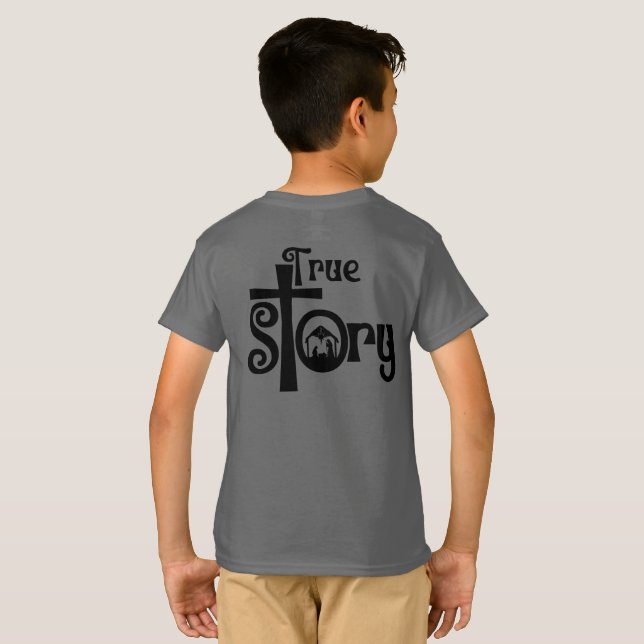 Camiseta História Verdadeira Natividade Menina de Natal (Parte Traseira Completa)