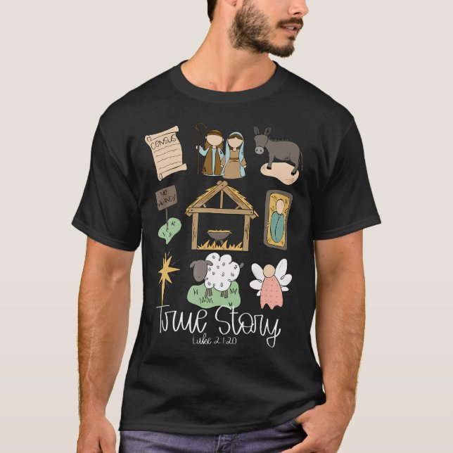 Camiseta História Verdadeira Natividade Natal Bebê Deus Jes (Frente)