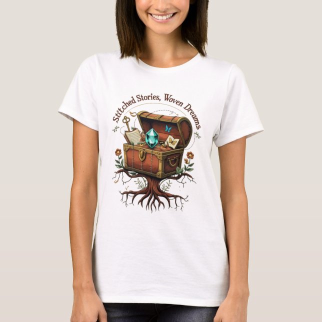Camiseta Histórias com títulos, tecidas com magia (Frente)