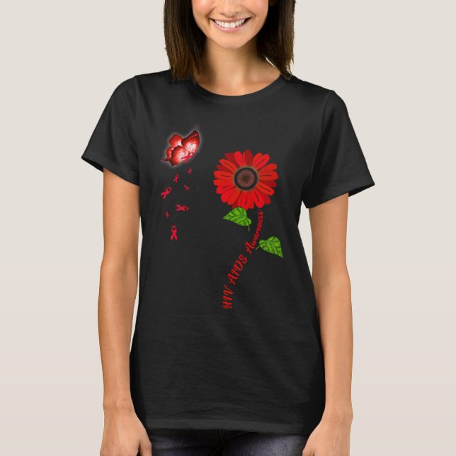 Camiseta HIV Aids Awareness Red Butterfly Sunflower Ribbon (Frente)