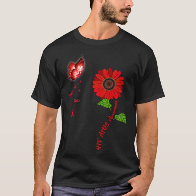 Camiseta HIV Aids Awareness Red Butterfly Sunflower Ribbon (Frente)