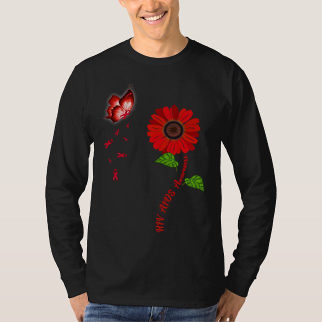 Camiseta HIV Aids Awareness Red Butterfly Sunflower Ribbon (Frente)