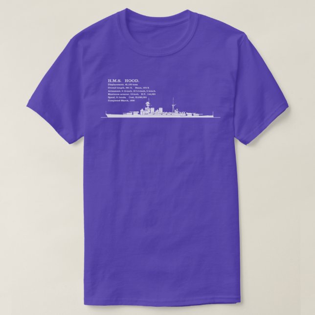 Camiseta HMS Hood British Battleship Silhouette Infografia (Frente do Design)
