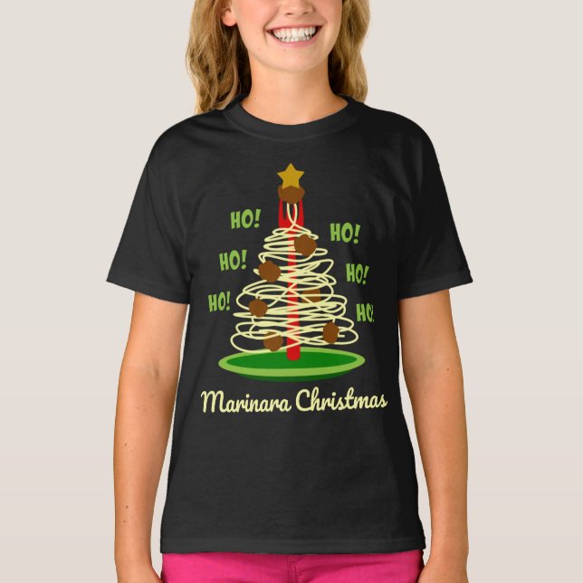 Camiseta Ho! Ho! Ho! Árvore de Massas de Natal Marinara (Frente)