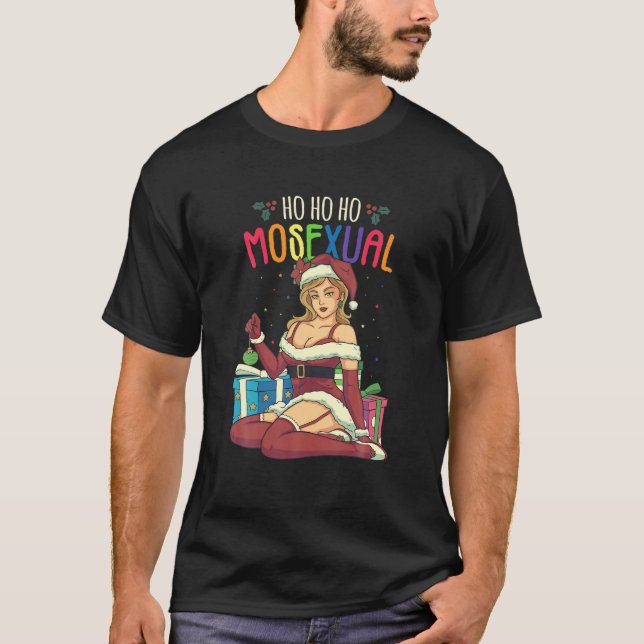 Camiseta Ho Ho Ho Mosexual LGBT Pun Sra. Claus Orgulho Lésb (Frente)