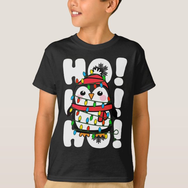 Camiseta Ho Ho Ho Natal Luz Pinguim Bonito (Frente)