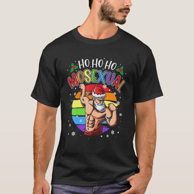 Camiseta Ho Ho Papais noeis Gay Mosexuais Figuras Rainbow L (Frente)