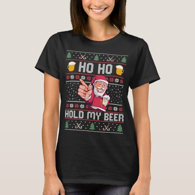Camiseta Ho Ho Segurando minha Cerveja - Adulto de Papais n (Frente)
