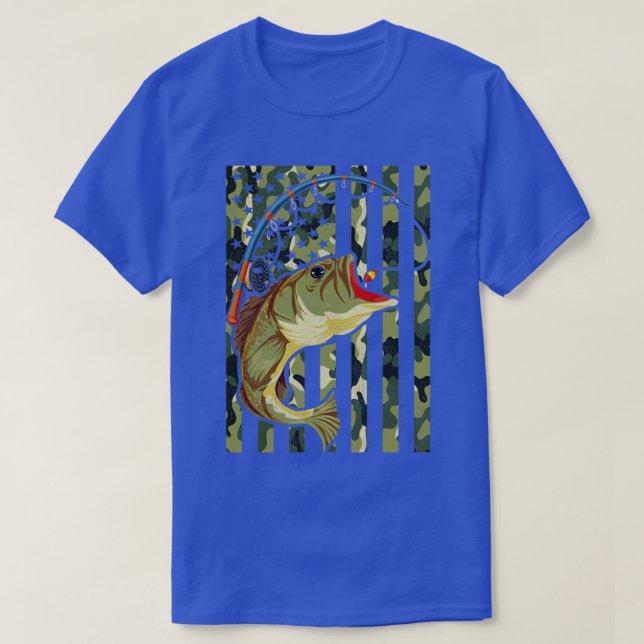 Camiseta Hobby Americano Angling Fish Camuflage US Flag Fis (Frente do Design)
