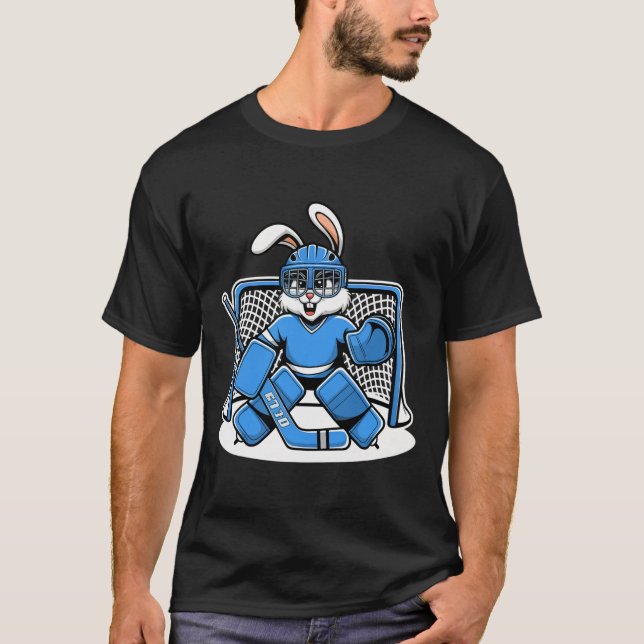 Camiseta Hockey Goalie Bunny Blue Net Pads Stick Helmet  (Frente)