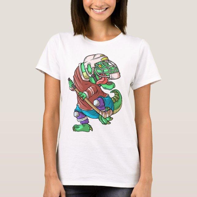 Camiseta Hockeysaurus Crianças T-rex Dinossauro Com Hóquei  (Frente)