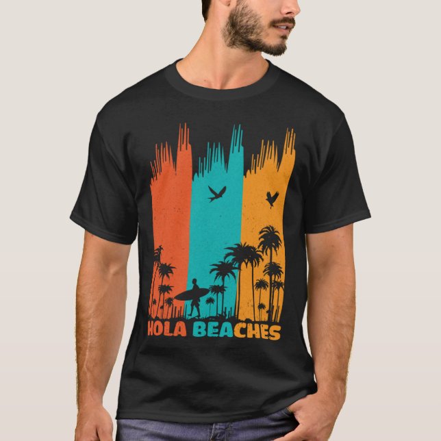 Camiseta Hola Beaches Retro Surfing Summer Palm Tree Family (Frente)