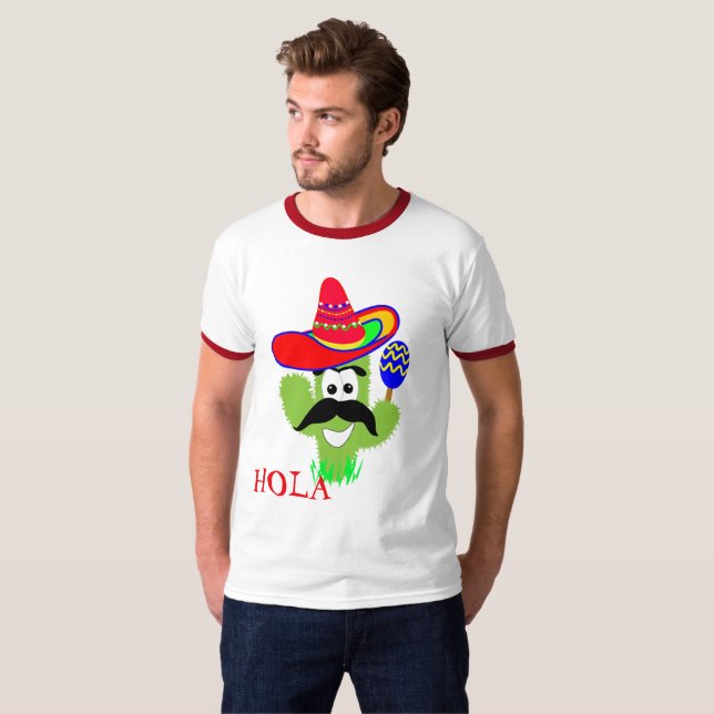 Camiseta Hola Cute Mexicano Sombrero Cactus Engraçado (Frente Completa)