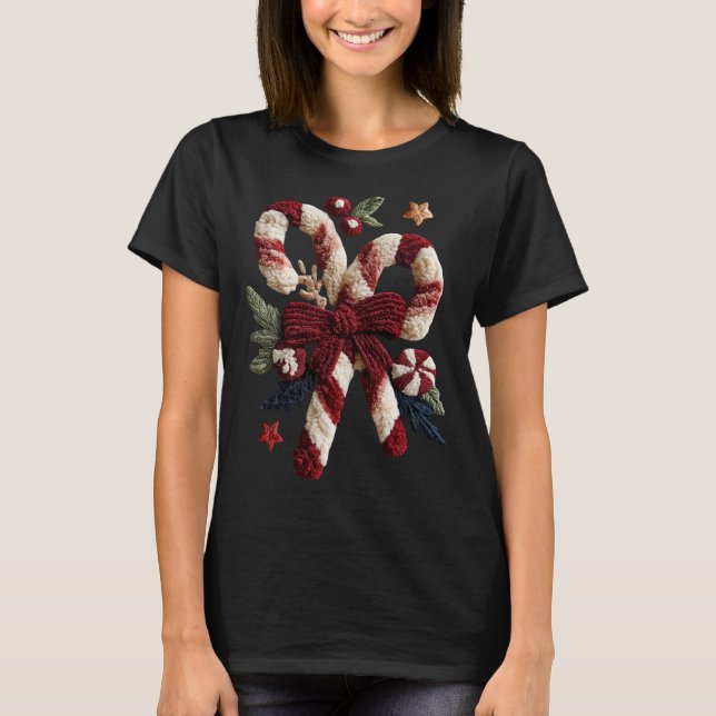 Camiseta Holiday Fun - Candy Canes Faux Yarn (Frente)