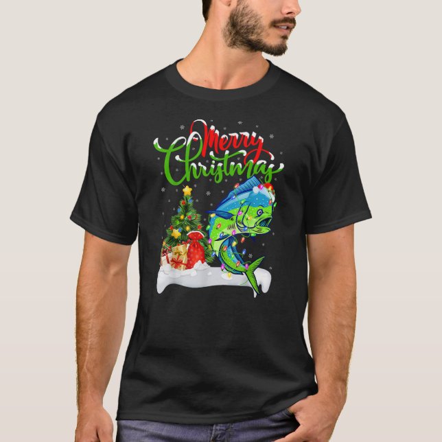 Camiseta Holiday Xmas Tree Lights Santa Hat Mahi Mahi Fish  (Frente)