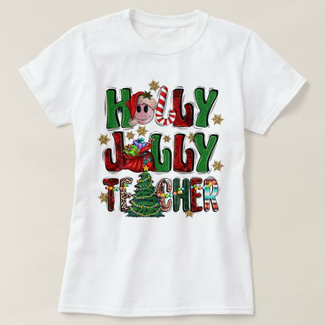 Camiseta Holly A Jolly Teacher Christmas Tree Lights Leopar (Frente do Design)