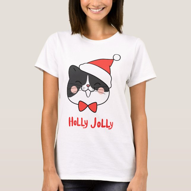 Camiseta Holly Jolly Cute Kawaii Papais noeis Cat (Frente)