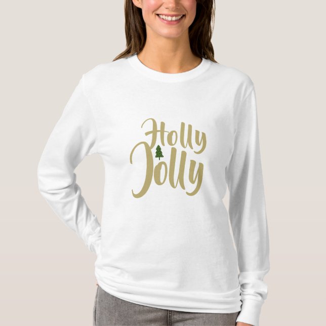Camiseta Holly Jolly White Dourada Feliz Natal Longa Folga (Frente)