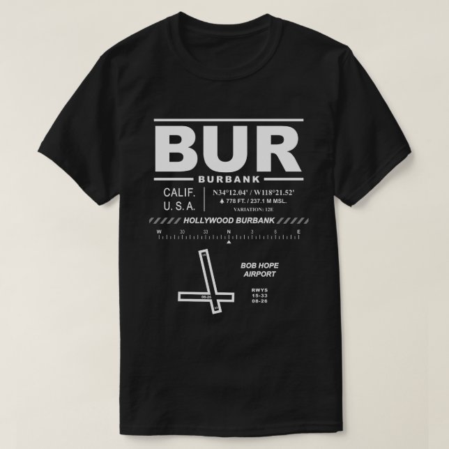 Camiseta Hollywood Burbank Bob Hope Aeroporto BUR T-Shirt (Frente do Design)