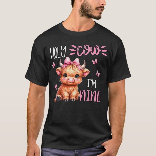 Camiseta Holy Cow I'm Nine 9 Highland Cow Print 9th Birthda (Frente)