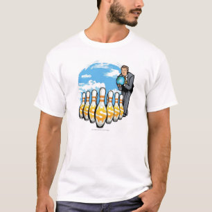 Camiseta Homem de negócios que rola um globo para os pinos