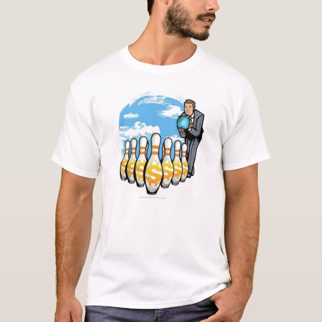 Camiseta Homem de negócios que rola um globo para os pinos (Frente)
