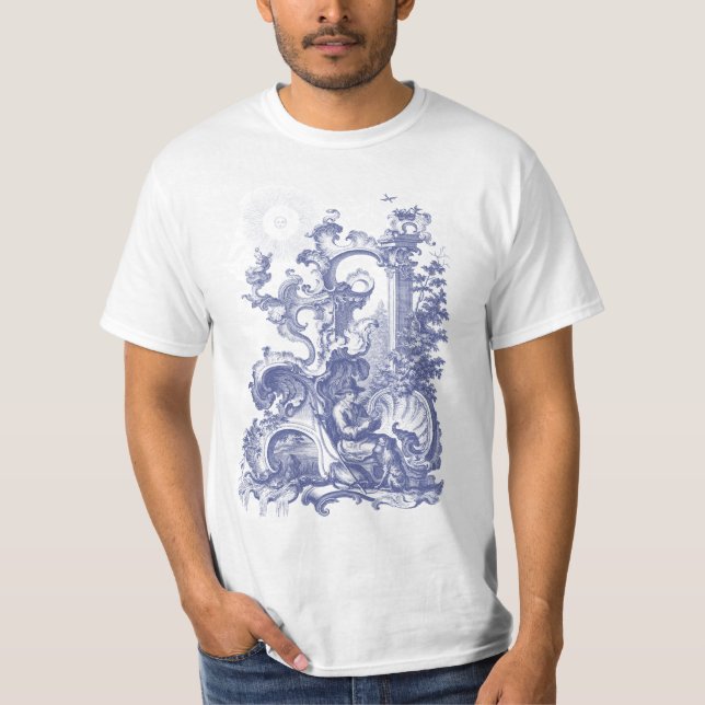 Camiseta Homem e cão azuis de Toile da gravura antiga (Frente)