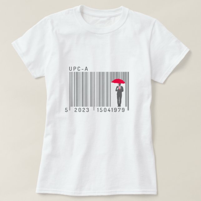 Camiseta Homem Elegante segurando um código de barras guard (Frente do Design)