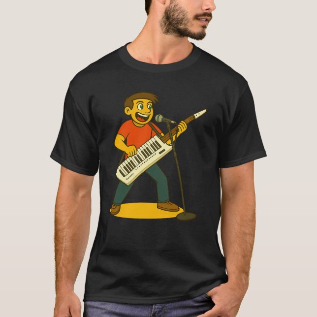 Camiseta Homem enérgico cantando e tocando keytar (Frente)