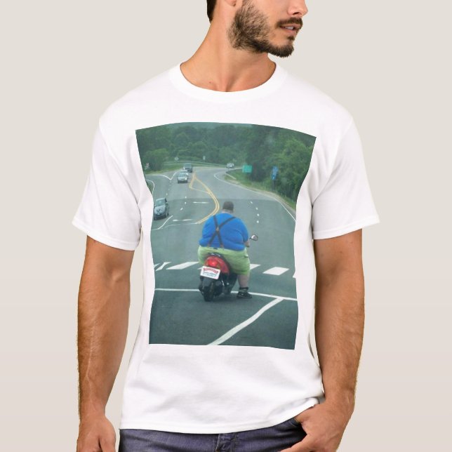 Camiseta Homem gordo em um moped (Frente)
