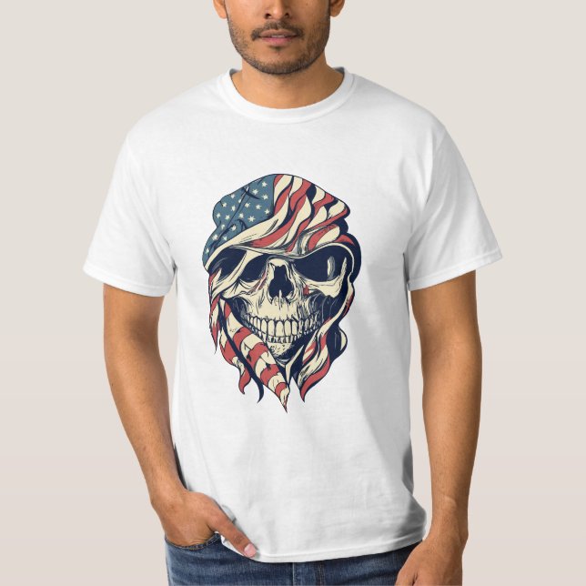 Camiseta Homem Militar de Crânio Gráfico do Guerreiro Ameri (Frente)