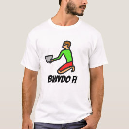 Camiseta Homem segurando sopa de tigela e texto galês bwydo